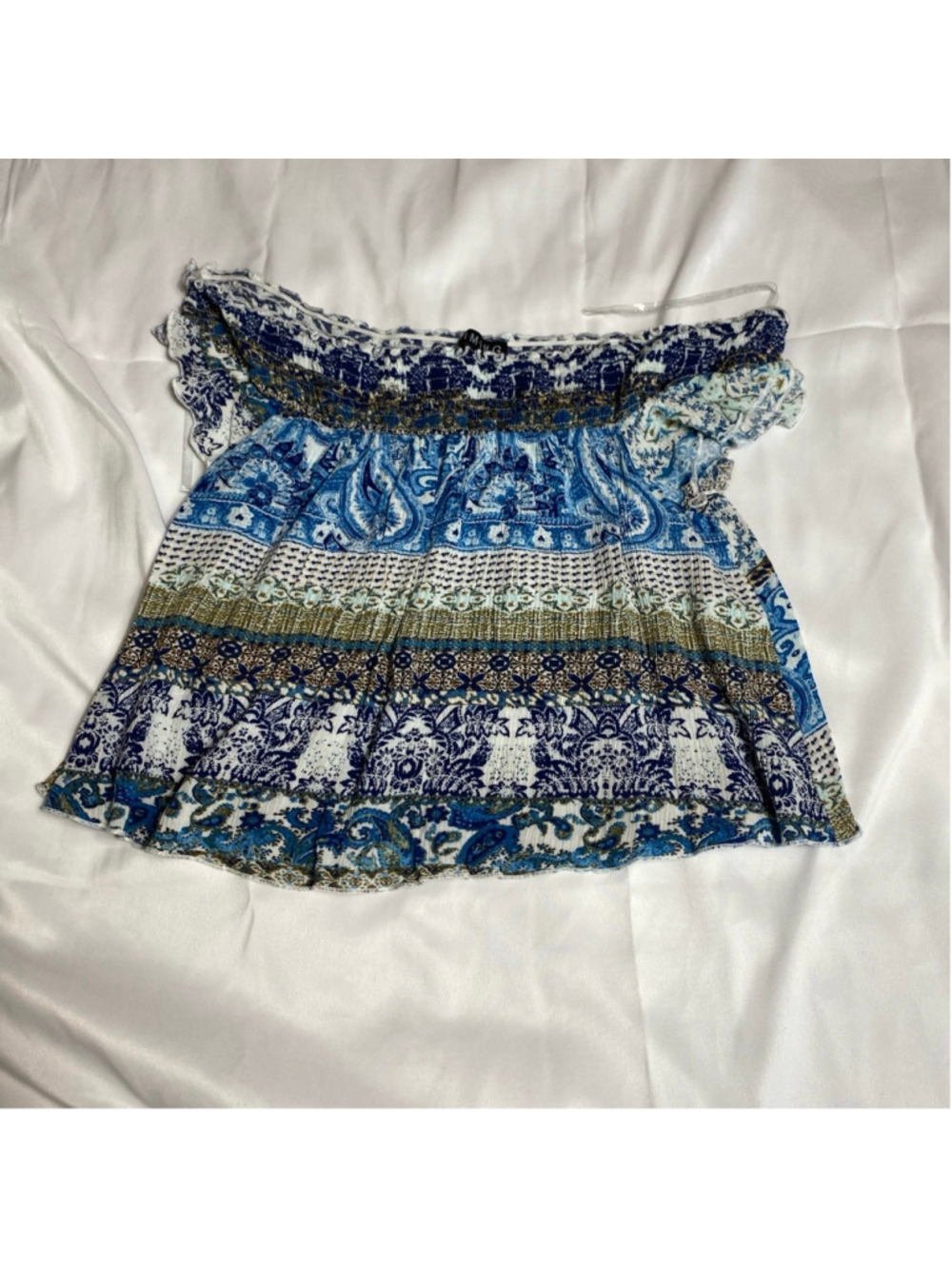 Women's T.I.M.I.N.G Blue White Paisley Off-Shoulder Blouse Size L